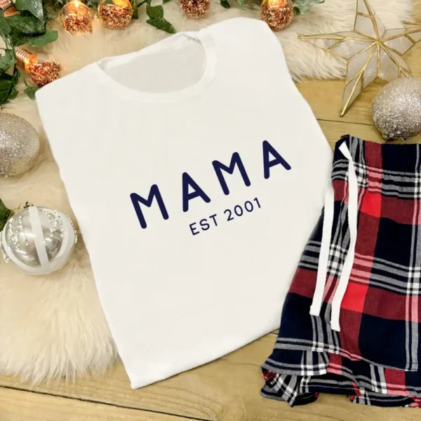 MAMA Pyjamas in White With Red Tartan Shorts - Personalised With Date